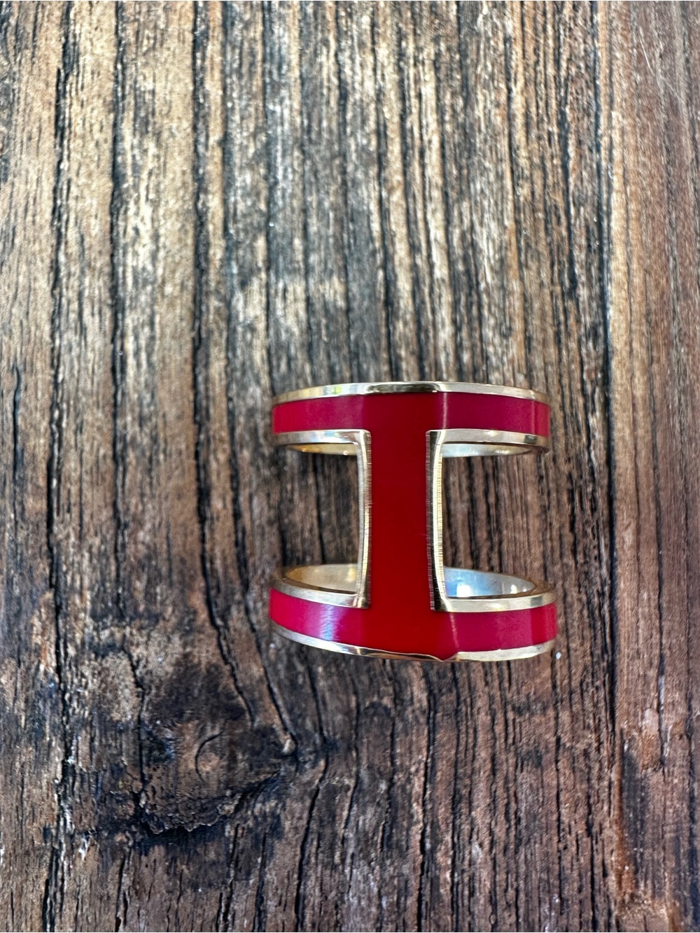 Red Enamel H Cuff scarf Ring with Gold-Tone Trim - Picture 3 of 4